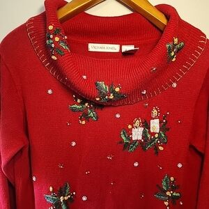 Vtg Victoria Jones Cowl Neck Red Christmas Candle Sweater Beaded Embroidered  M